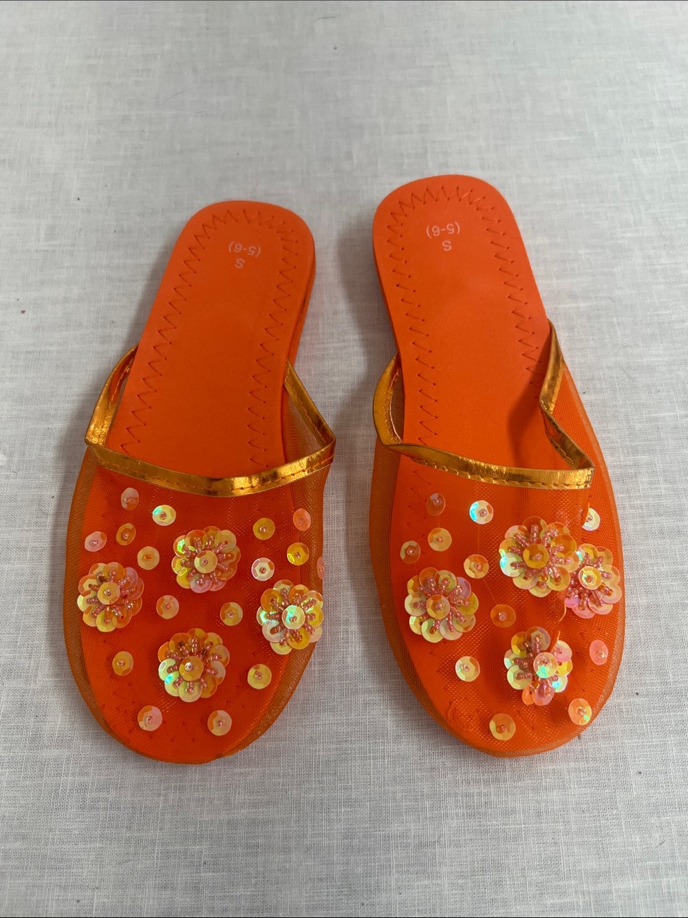 🌞 Avon Trending Orange Mesh Sequin Floral Granny Slip On Mules women size S